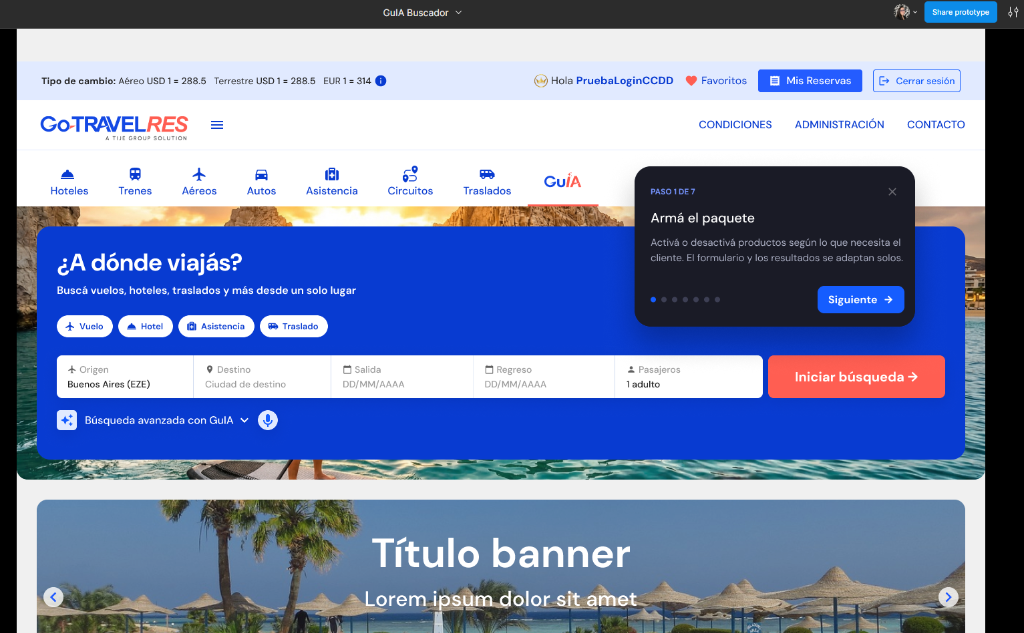 GuÍA Buscador Interface Prototype in GoTravelRes - Smart multi-product search engine with voice input