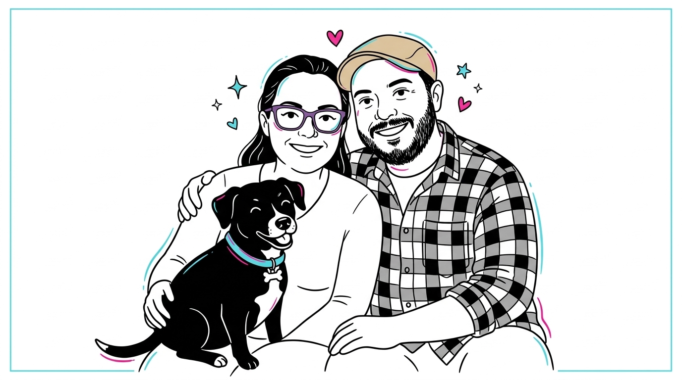 Andrea González Otto, su esposo y su mascota (Chief Morale Officer) — AnIsGOtt Creative Studio